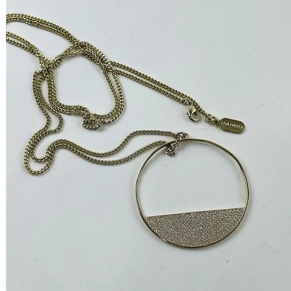 Lisa Freede Gold Micro Pave Eclipse Long Necklace Pendant Disc Celebrity Jewelry